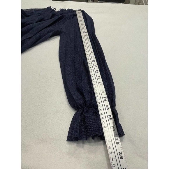 Zara Size M Accordion Pleated Bell Sleeve Blouse Ruffle High Neck Sheer Blue - Picture 6 of 8